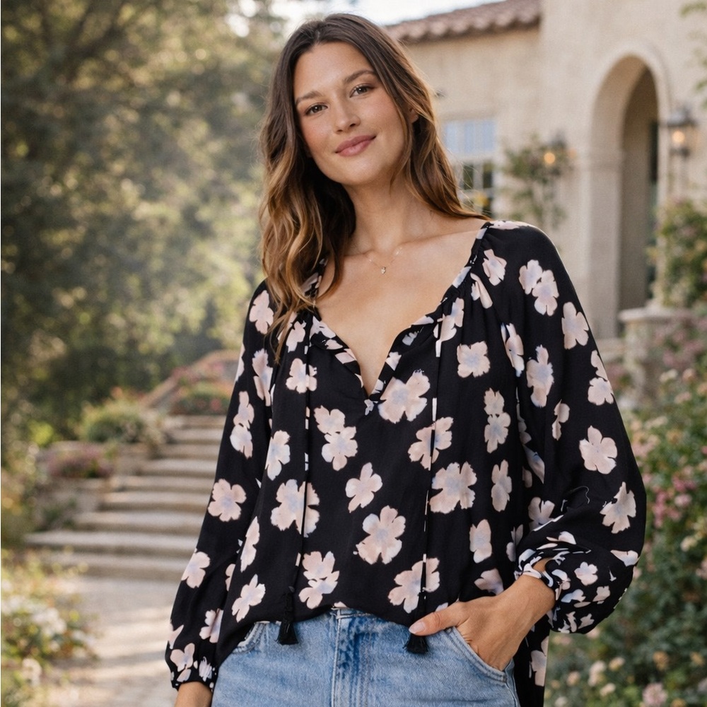 Boho Floral Peasant Blouse | Lovestitch | Black Pink Print | Size L